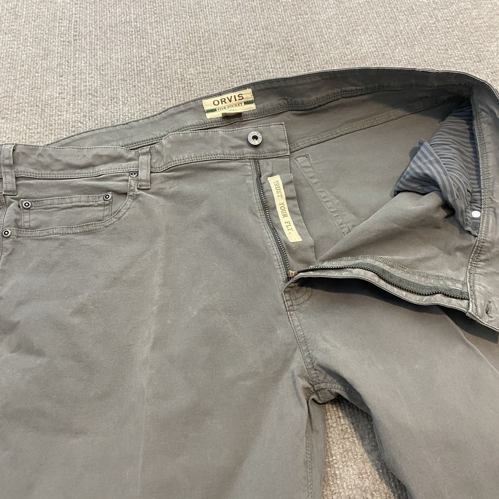 Orvis Five Pocket Pants Mens 42x30 Gray Cotton Stretch Straight Leg Denim Travel